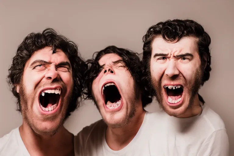 Prompt: picture of two angry men with gigantic mouths screaming at eachother beautiful lighting studio portrait full shot