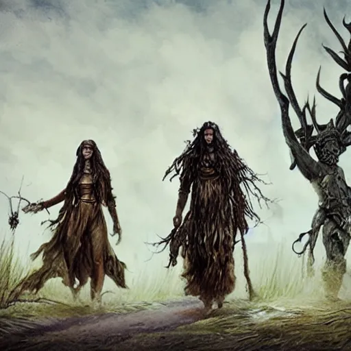 Image similar to druids walking in an empty wasteland, post - apocalyptic