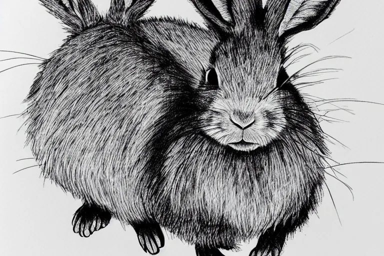 Prompt: very hairy rabbit with five legs, black and white, botanical illustration, black ink on white paper, bold lines