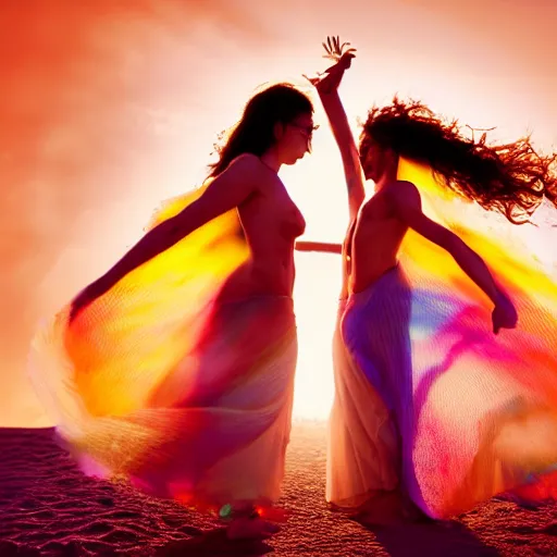 Prompt: filmstill photography of two female body suihouettes covered with curly white translucent blanket blowing in wind with rainbow pattern, acrylic liquid colors, luxurious supermodel photoshooting, golden jewelry, bokeh, godrays, strong wind, wrinkles, sunrays, sunset, lens flares, cold colors, sand dunes