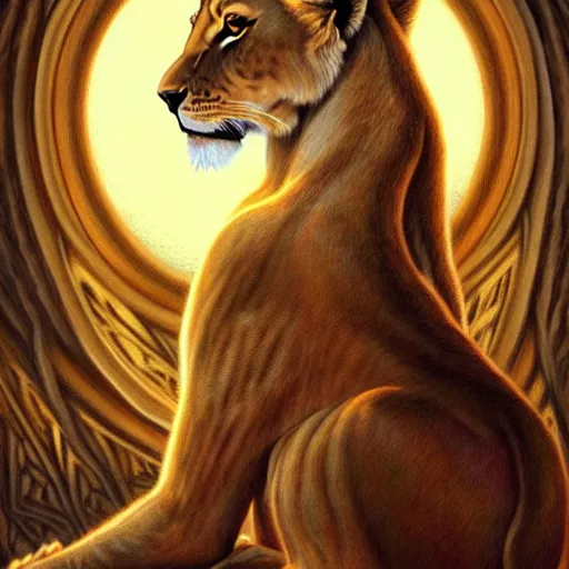 Image similar to highly detailed portrait of a majestic lioness queen in the form of a beautiful woman. d & d. art by kinuko craft. trending on artstation, intricate details, energetic composition, golden ratio, concept art, illustration, elegant art, global illuminaition