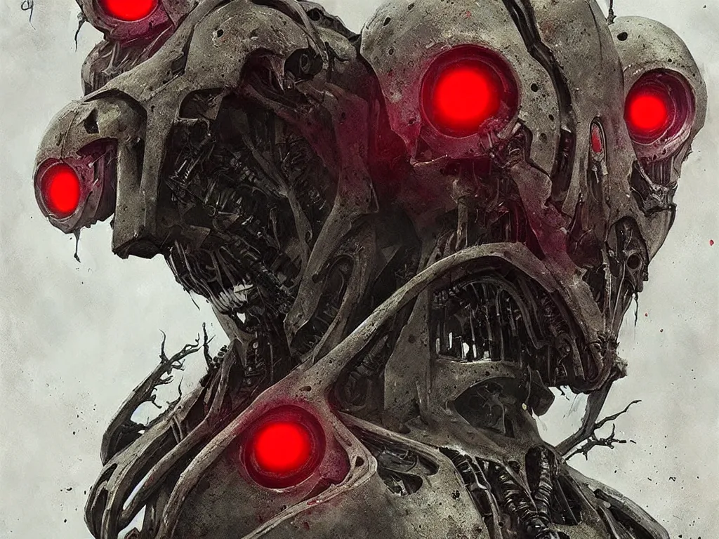 Prompt: an uncanny and sinister robot with red eyes and organic matter all over its body, by Greg Rutkowski and HR Giger, cinematic, horror, sci-fi, sharp focus, highly detailed