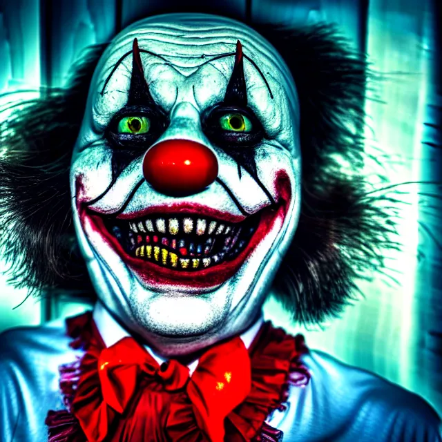 Image similar to creepy clown in a house at night, highly detailed, 8 k, hdr, smooth, sharp focus, high resolution, award - winning photo