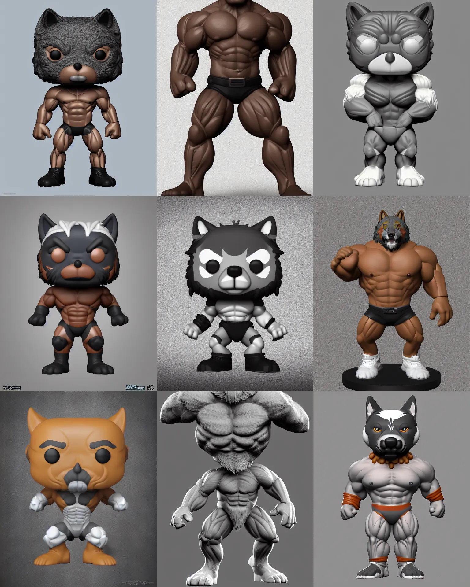 Prompt: full body 3 d render of muscular bara wolf as a funko pop!, studio lighting, grey background, no shadow, blender, trending on artstation, 8 k, highly detailed