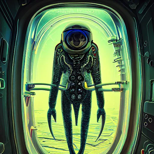 Image similar to portrait of a squid monster astronaut, in a 1970s livingroom , full body portrait, well lit, intricate abstract. cyberpunk, intricate artwork, by Tooth Wu, wlop, beeple. octane render, trending on artstation, greg rutkowski very coherent symmetrical artwork. cinematic, hyper realism, high detail, octane render, 8k, minimalistic, hyperrealistic surrealism, award winning masterpiece with incredible details, a surreal vaporwave liminal space, highly detailed, trending on ArtStation