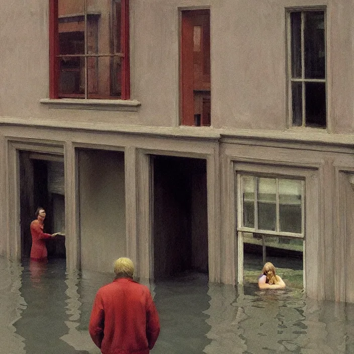 Image similar to fisheye lens, people inside water flooded museum, looking through the window Edward Hopper, highly detailed, artstation, art by zdislav beksinski and wayne barlowe