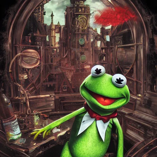 Image similar to High resolution DSLR photograph of Kermit The Frog as a vampire covered in blood Anime Bioshock steampunk realistic shaded lighting by katsuhiro otomo ghost-in-the-shell, magali villeneuve, artgerm, rutkowski Jeremy Lipkin and Giuseppe Dangelico Pino and Michael Garmash and Rob Rey