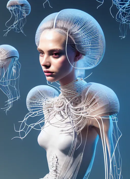 Image similar to portrait of an absurdly beautiful, graceful, sophisticated, fashionable cyberpunk mechanoid, hyperdetailed illustration by irakli nadar and vania zouravliov, matt wisniewski style, intricate linework, white porcelain skin, coral jellyfish headdress, unreal engine 5 highly rendered, global illumination, radiant light, detailed and intricate environment