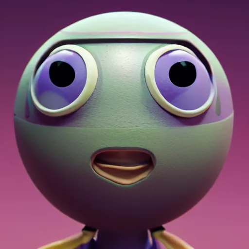 Image similar to photo of a comically tiny clay model of character with large spherical purple head and large childlike eyes with comically tiny body and spindly limbs leans close to the camera, fish eye lens, 4 k, hyper realistic, hyper detailed face, octane render, comedic, cute