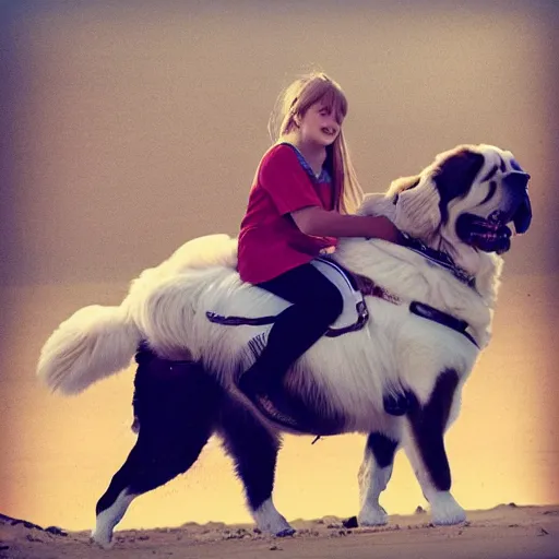 Image similar to girl riding a giant saint Bernard at the beach playing fetch, trending on artstation