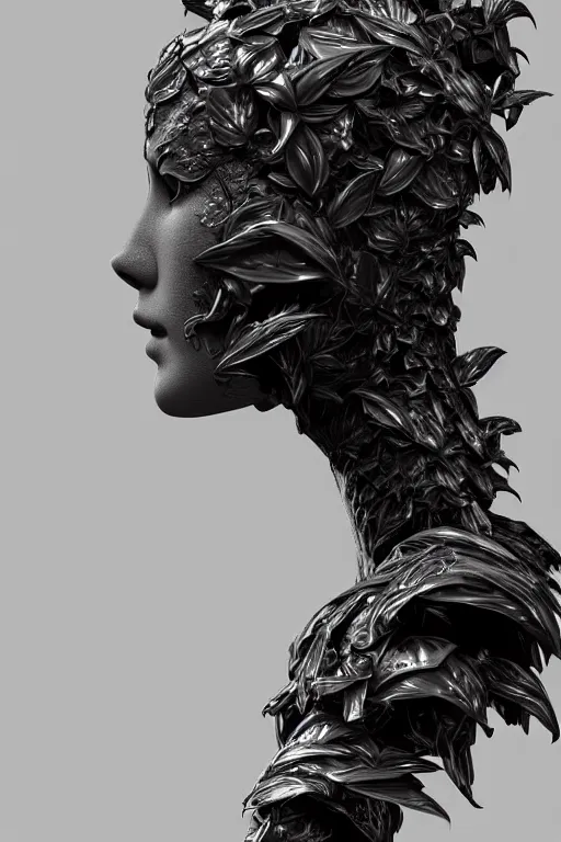 Image similar to bw close - up profile face, black background, beautiful young porcelain vegetal - dragon - cyborg - female, 1 5 0 mm, beautiful natural soft rim light, silver gold details, magnolia leaves and stems, roots, mandelbot fractal, elegant, hyper real, ultra detailed, white metallic armour, octane render, 1 6 k