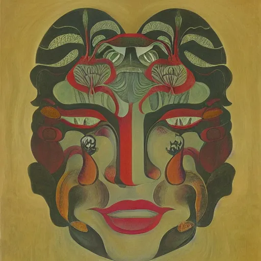 Image similar to floral face portrait by leonetto cappiello and wojciech siudmak and ernst fuchs, anni albers, oil on canvas