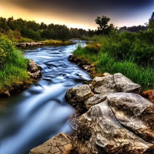Image similar to a beautiful landscape, river, rocks, trees, volumetric lighting
