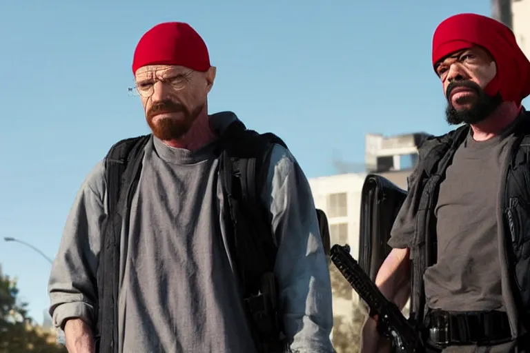 Prompt: medium full shot of walter white as a violent domestic terrorist wearing a black head covering made from a polyester material and a stained red tank top setting up a backpack at a main new york street in the new movie directed by ice cube, movie still frame, wearing a black bullet proof vest, promotional image, critically condemned, relentlessly detailed