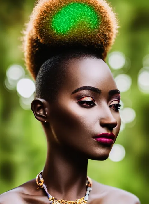 Prompt: beautiful african queen portrait, ( ( head shot ) ), sharp focus, neo classic, bloom, movie still, sony, symmetrial, makeup, sephora, loreal, green highlights, lens flare, afro - futurism, studio light, octane render, maybelline, model, forest, traditional, vsco, bokeh, 8 k