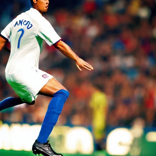 Prompt: fc barcelona, ronaldo nazario fenomeno, head and shoulders shot, portrait, photograph by mark mann