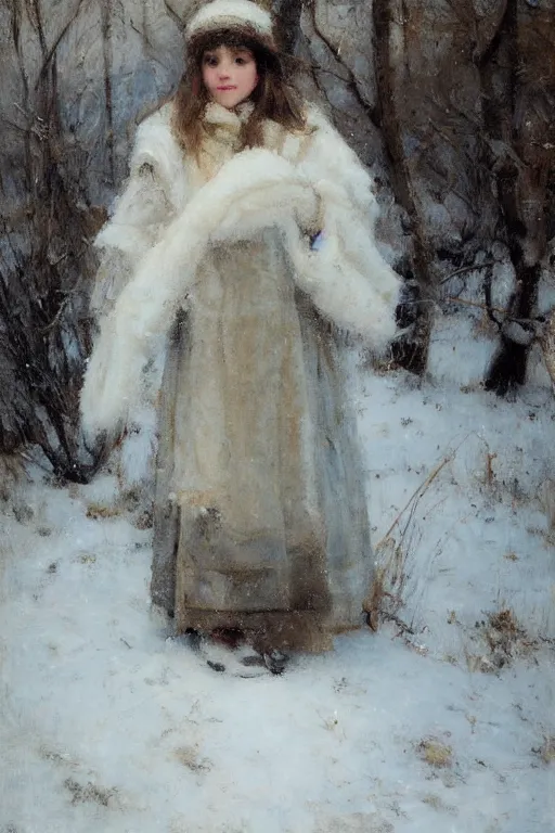 Image similar to Richard Schmid and Jeremy Lipking full length portrait painting of a young beautiful edwardian girl hold a victorian fur handwarmer standing in the snow