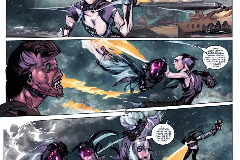 Image similar to A daemonette attacking a space fighter. Beautiful comic art.