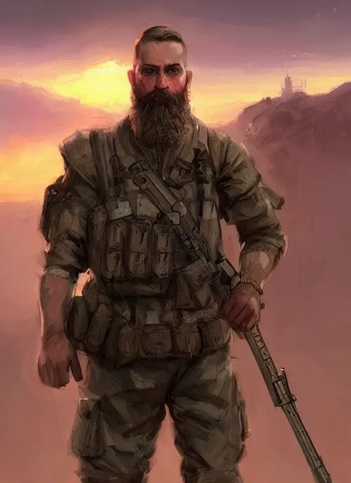 Image similar to purple scene lighting, detailed character portrait!!! concept art, strong muscular white male, soldier with beard, short hair, in a soldier uniform, desert with city in the background, sharp focus, illustration, highly detailed, digital painting, concept art, matte, art by wlop and artgerm and greg rutkowski, masterpiece