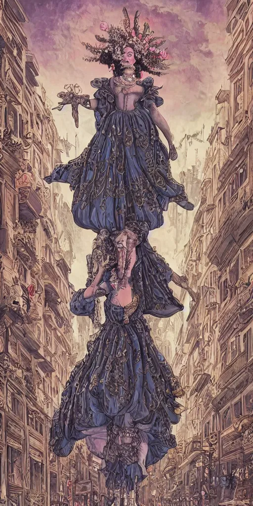 Image similar to Marie antoinette in a rococo dress as shaman dancing in with spirits in ornate cyberpunk city street, 2am, by Chiara Bautisya, blade runner, in style of Laurie Greasley, Jen Bartel, Background by Tarmo Juhola, kowloon, cinematography Roger Deakins,