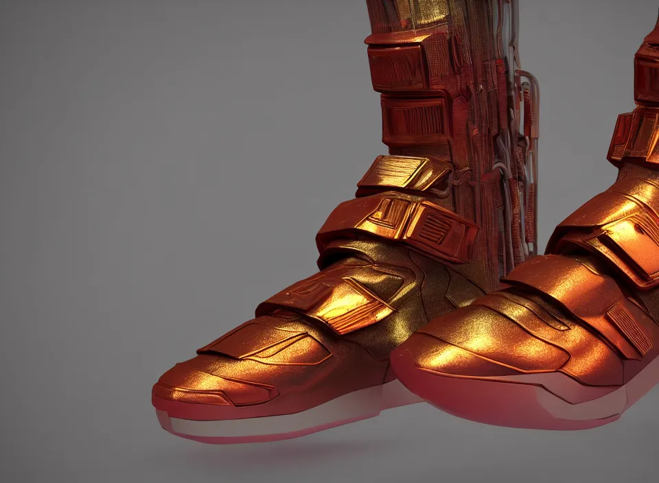 Image similar to realistic 3 d render of a cyberpunk android sneaker, beautiful studio lighting, soft, sharp focus, neon cyberpunk highlights, intricate detail, gold and red metal, soft rubber, textured plastic, octane render, side view, close up, trending on artstation, deviantart, bauhaus