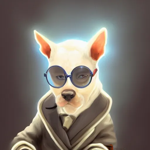 Prompt: a digital painting of a demonic lap dog, glowing eyes, labcoat, round glasses, hyper realistic, detailed, in the style of greg rutkowski