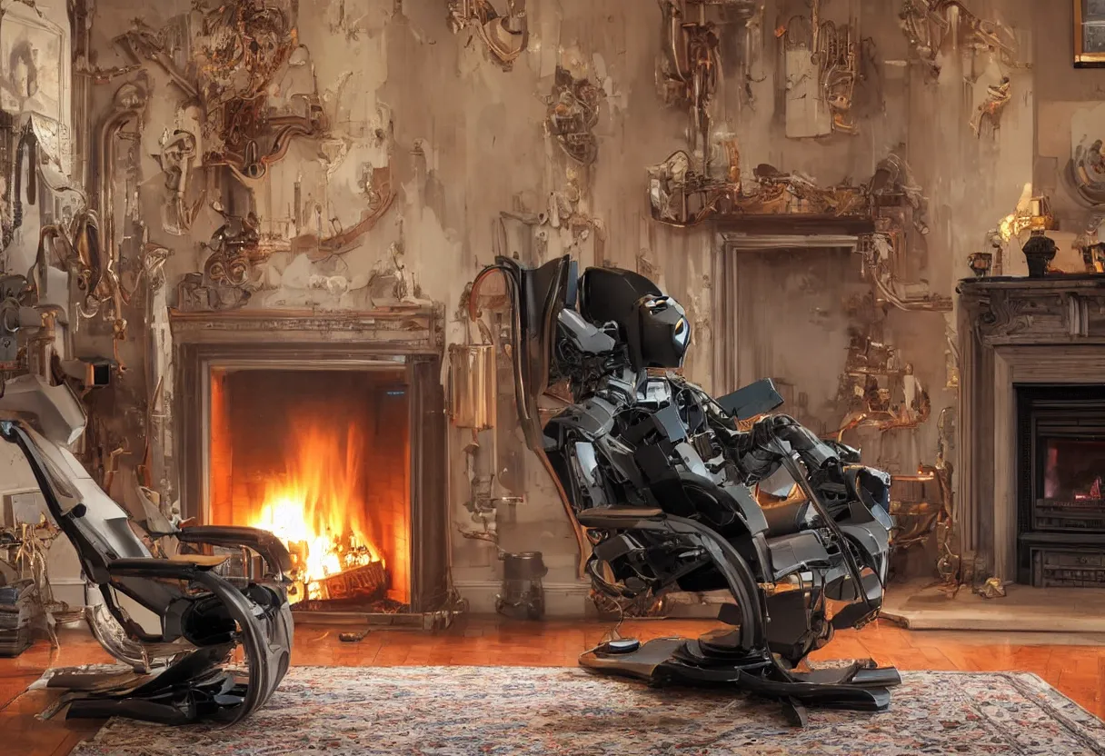 Prompt: Extreme close up photograph of a futuristic robot reclining on a aged recliner in front of a single beautiful fireplace in a traditional Victorian home, by Simon Stalenhag