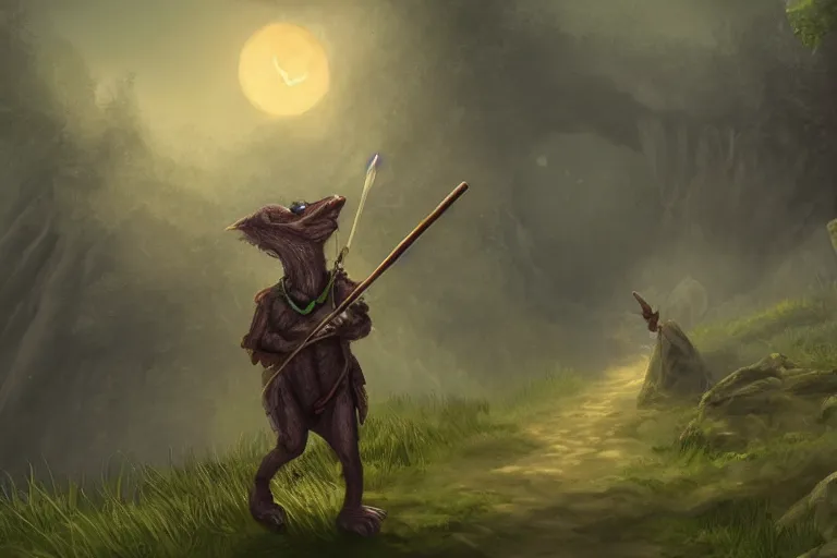 Image similar to a lone kobold carrying a bindle stick, traveling long dirt road, d & d, fantasy setting, 4 k, digital art