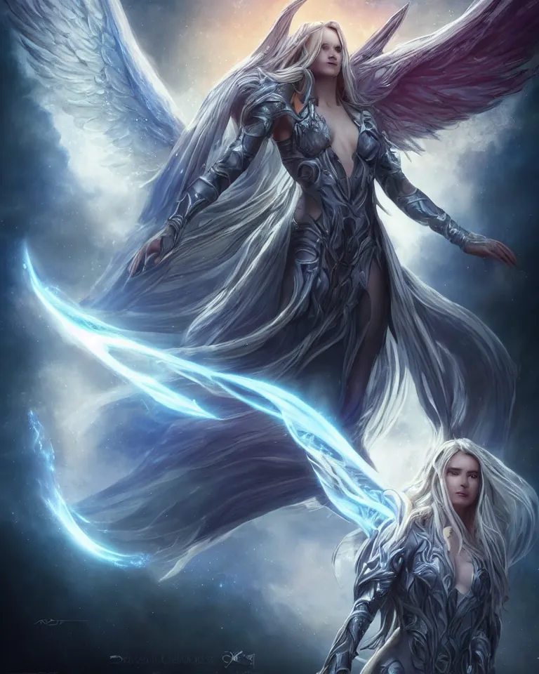 Image similar to beautiful cinematic fantasy poster, one beautiful fantasy angel floating, beautiful glowing galaxy eyes, hybrid from The Elden Ring and art direction by Darius Zawadzki ;by artgerm; wayne reynolds art station; cinematic quality character render; low angle; ultra high quality model; production quality cinema model;