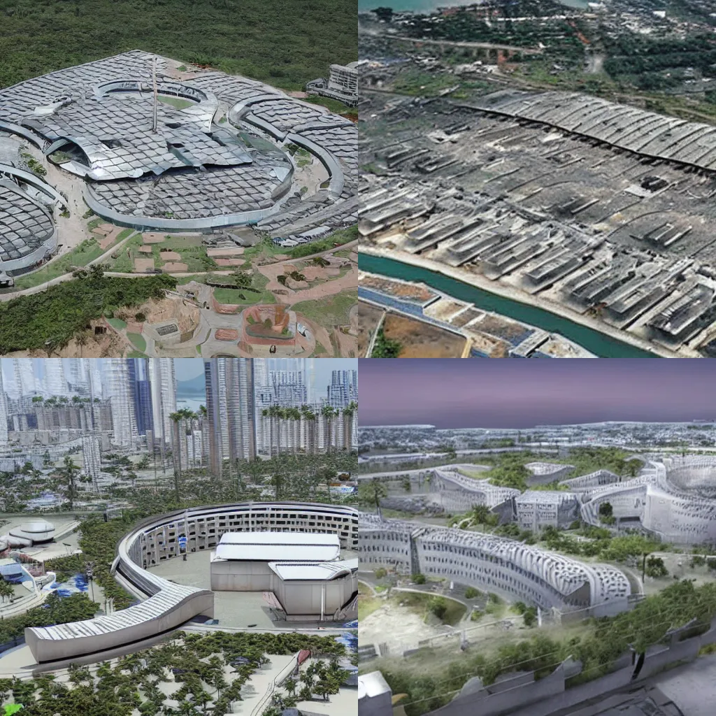 Prompt: futuristic maximum security prison surrounded by poor slums, tropical climate, award winning