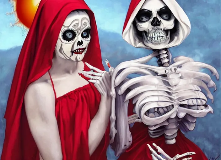 Prompt: cute & beautiful smiling mexican undead skeleton girl with red lips dressed as a very attractive nun looking at the viewer, elegant, digital art, fantasy, pixar style, painting, pin up, highly detailed, artstation, art by artgerm, vrubel, boris vallejo and ilya kuvshinov