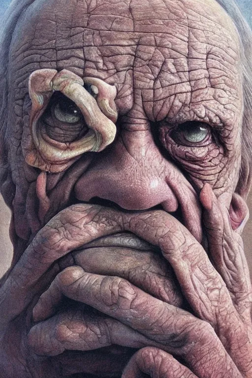 Image similar to hyperrealism oil painting, close - up portrait of a scary old man with a thousand eyes and mandibles, in style of baroque zdzislaw beksinski