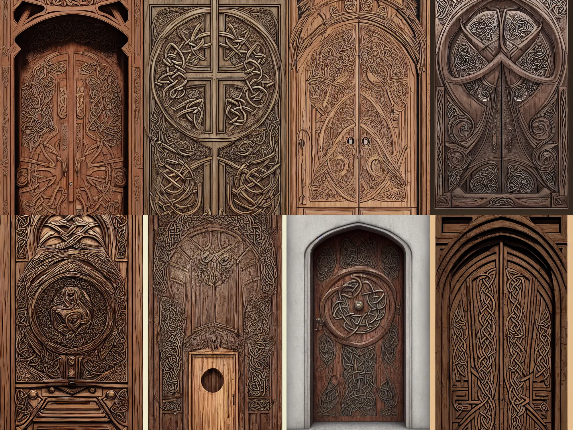 Image similar to front view of a celtic door made in wood, art by James Jean and Wayne Barlowe, high detail, cinematic, cgsociety 8k