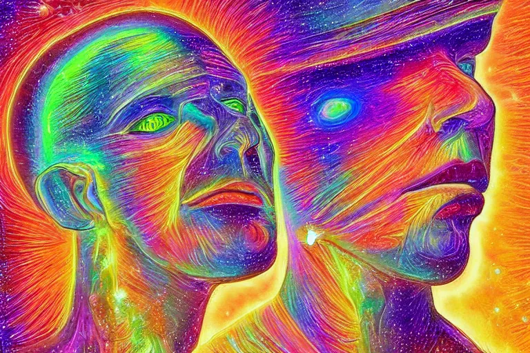 Prompt: digital art of a spiritual man looking up at the stars, glowing light, acrylic art, universe, painting, pastel colors, alex grey,