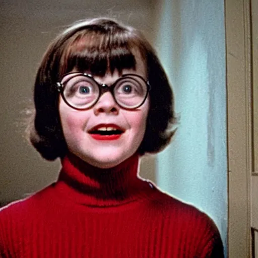 Prompt: movie still photo of Velma Dinkley as Jack Torrance in The Shining