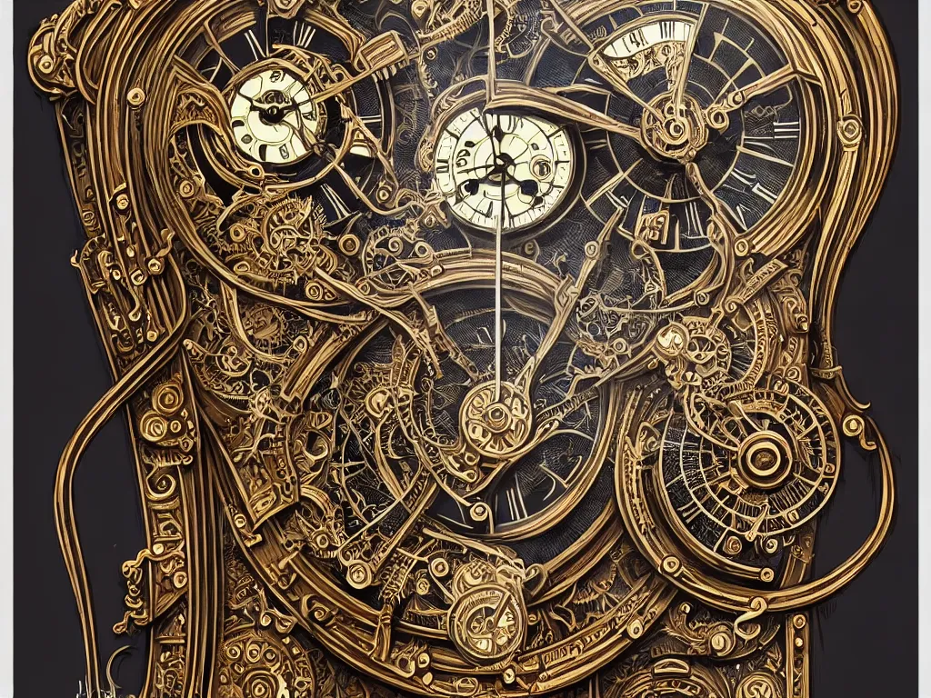 Image similar to ornate steampunk grandfather clock, high details, intricately detailed, by vincent di fate, inking, lineart, 3 color screen print, masterpiece, trending on artstation,, sharp, details, hyper - detailed, hd, 4 k, 8 k