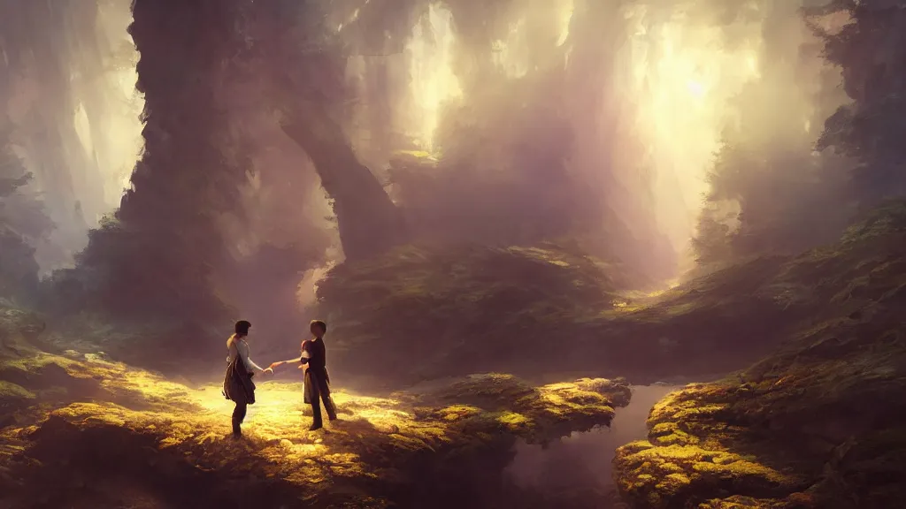 Prompt: a painting of a 3 d virtual landscape, uncanny valley, three point lighting, one soft spotlight on two humans, by yuumei, bayard wu, wlop, tim white, ross tran, 4 k