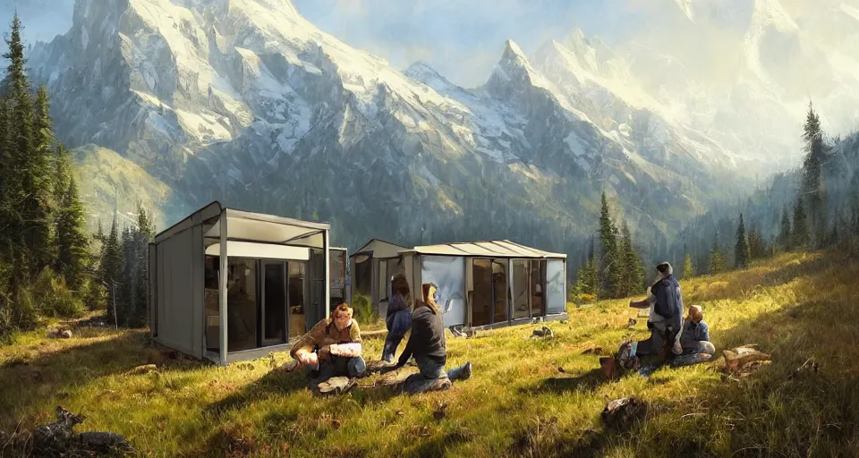 Image similar to cabela's beautiful comfortable carbon framed, modular insulated wall portable container home kit - house all weather family dwelling tent house, person in foreground, mountainous forested wilderness open fields, beautiful views, painterly concept art, environmental concept art, concept art illustration, by james gurney, by craig mullins, by greg rutkowski trending on artstation