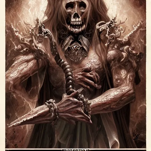 Image similar to high detailed figure of a majestic necromancer summoning the dead, malicious facial expression, full body figure, album cover detailed poster art style by Dariusz Zawadzki