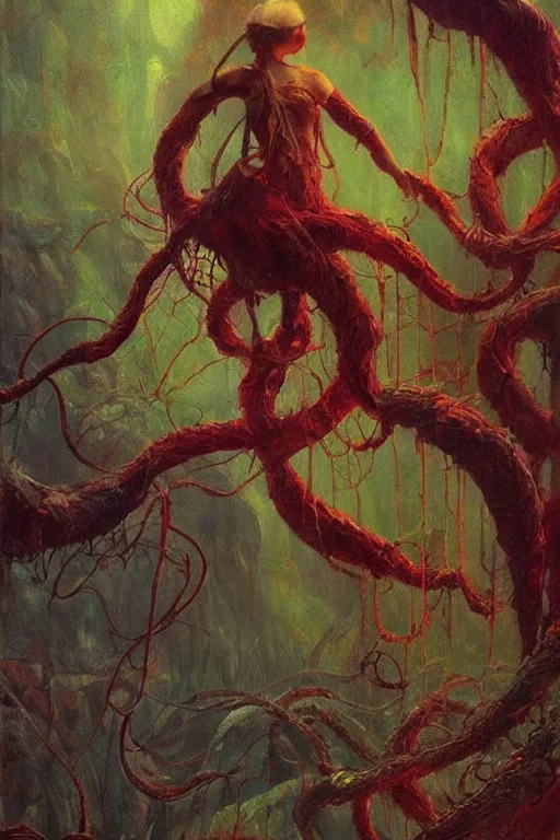 Image similar to tangling mighty roots dangling miserable dirge placid terror by trending on artstation, fantasy, full of colors, realistic materials, photo realistic, postprocessing painting by caspar david frederich print by mabel royds