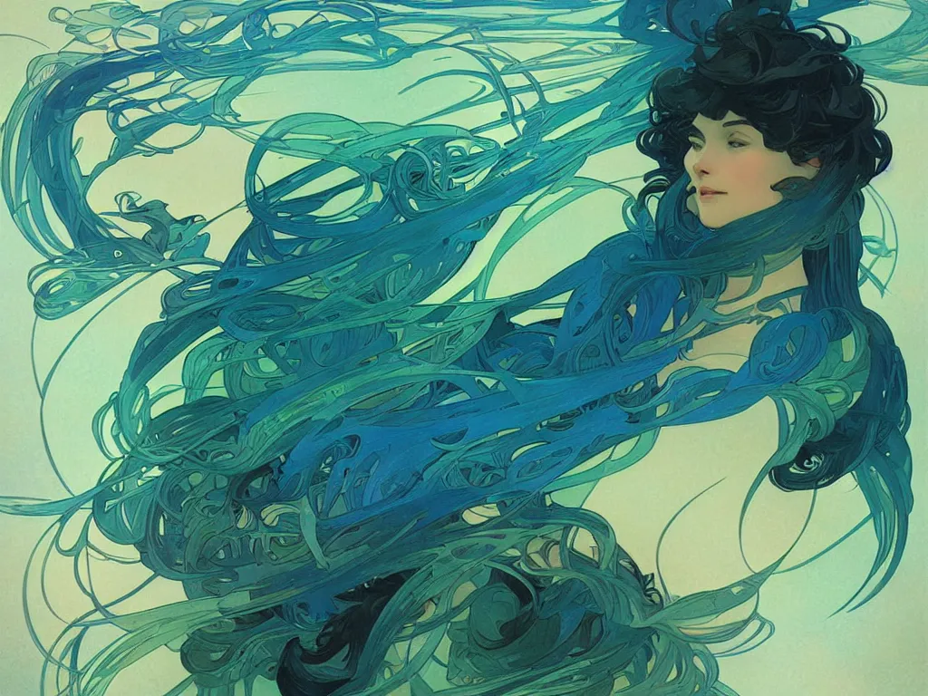 Image similar to blue and green waves, artstation, concept art, smooth, sharp focus, illustration, art by alphonse mucha and tian zi and WLOP
