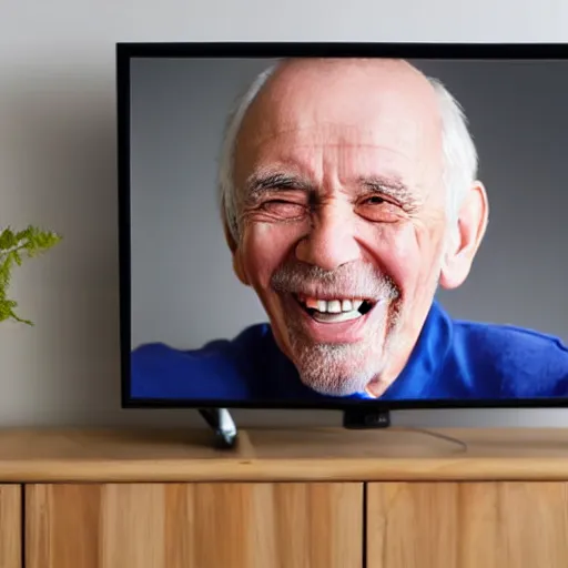 Prompt: a smiling old man on a tv screen