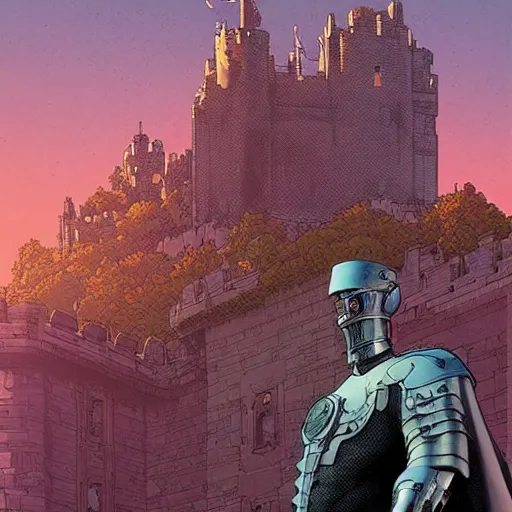 Prompt: a portrait of a noble lord with a metal mask in a scenic environment by josan gonzalez and moebius, castle in the background,