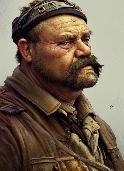 Image similar to a russian railroad electrician!!!, siberia!!, portrait, intricate, dirty, fat, ugly, highly detailed, digital painting, artstation, concept art, wallpaper, smooth, sharp focus, illustration, art by artgerm and greg rutkowski and alphonse mucha