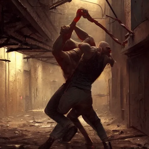 Prompt: original masterpiece artwork of 2 men strangling each other during a fight in an alleyway by greg rutkowski and strewzan, horror, crime, hyperrealistic, octane render, exciting pose, dynamic lighting