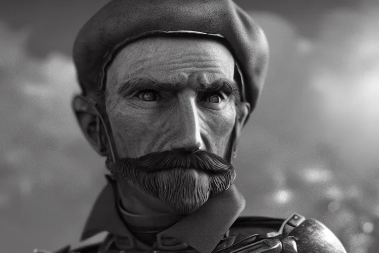 Image similar to still photo of 1 9 th century war man looking at the camera in a battlefield, black and white color aesthetic, highly detailed, photorealistic portrait, bright studio setting, studio lighting, crisp quality and light reflections, unreal engine 5 quality render