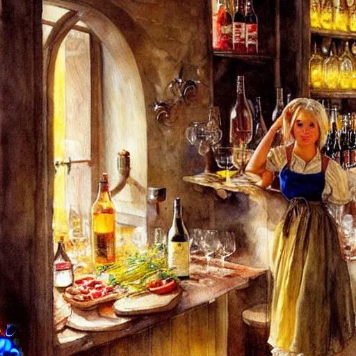 Image similar to hot blonde working in a wine cellar, food, pork, beer, schnapps, rustic, traditional, torches on the wall, watercolor by vladimir volegov and carl larsson