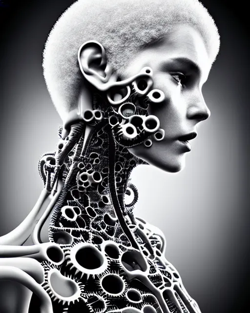 Image similar to black and white photo portrait of complex biomechanical young female cyborg with a mandelbrot fractal face, silver hair, 150 mm lens, soft rim light, fine foliage super big lace collar, Alexander McQueen, high fashion, haute couture, rococo, steampunk, silver filigree details, anatomical, facial muscles, cable wires, microchip, elegant, hyper realistic, octane render, unreal engine, H.R. Giger style, volumetric lighting, 8k,