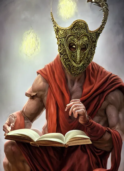 Image similar to Magic Floating Thespian Mask reading a book, bodyless, theater mask, mask only, Ivan Aivakovsky, Boris Vallejo, epic fantasy character art, D&D Concept Art, Realistic, Regal, Refined, extremely detailed, Detailed Digital Art, Oil Paining, Exquisite detail, post-processing, masterpiece, Cinematic Lighting, Unreal Engine, 8k, HD, Stanley Artgerm Lau, WLOP, Rossdraws, Frank Frazetta, Andrei Riabovitchev, Marc Simonetti, trending on artstation, flawless