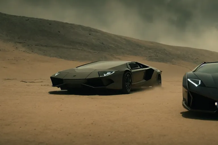 Image similar to A cinematic film still of a Lamborghini in the movie Blade Runner: 2049.